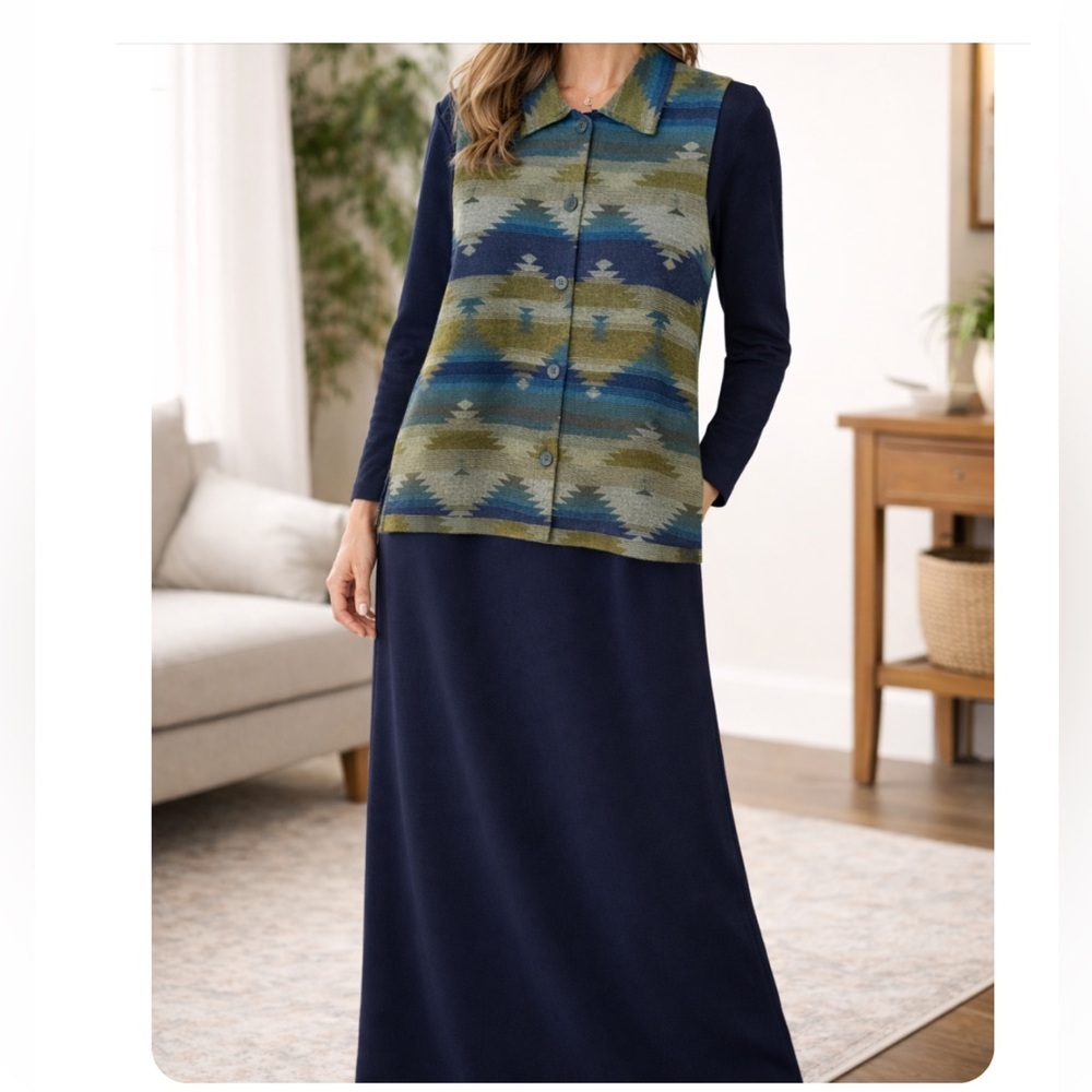 Sweet Jessie Vintage Wool Blend Maxi Dress with Southwestern Vest NEW